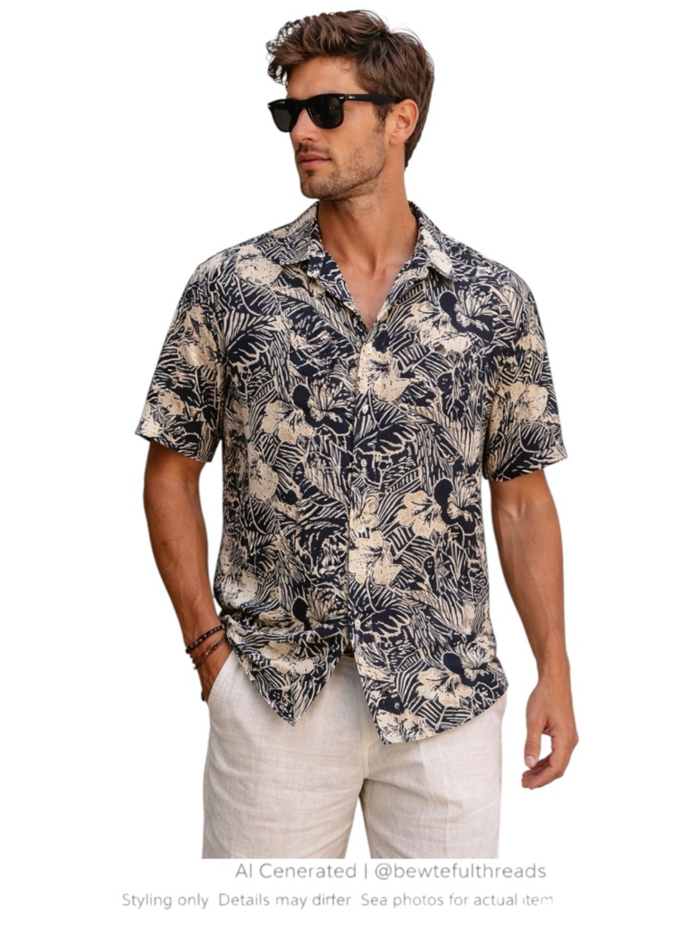 Tropical Linen Blend Resort Shirt Coastal Vacation Relaxed Fit Top M